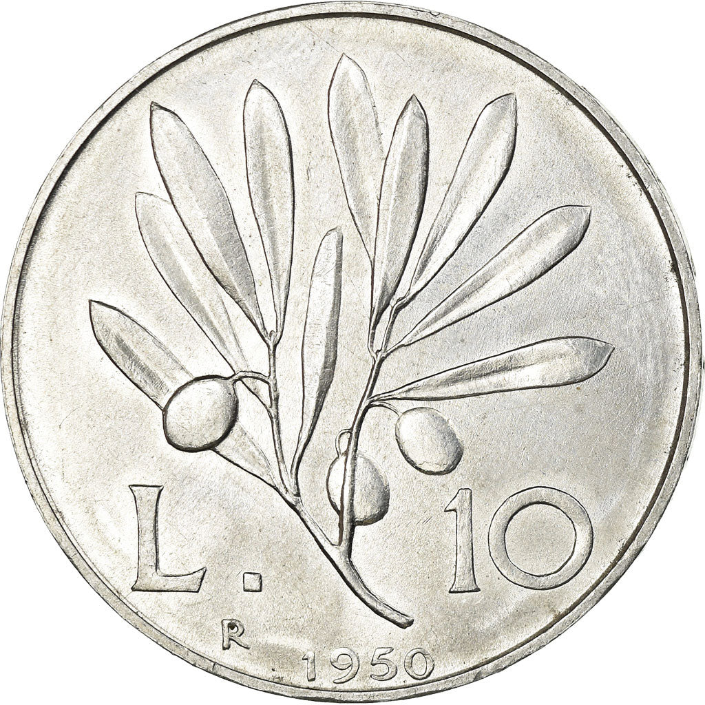 Coin, Italy, 10 Lire, 1950, Rome, MS(63), Aluminum, KM:90