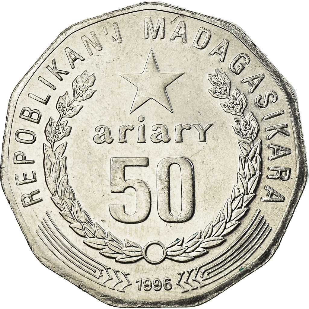 Coin, Madagascar, 50 Ariary, 1996, Paris, AU(55-58), Stainless Steel, KM:25.1