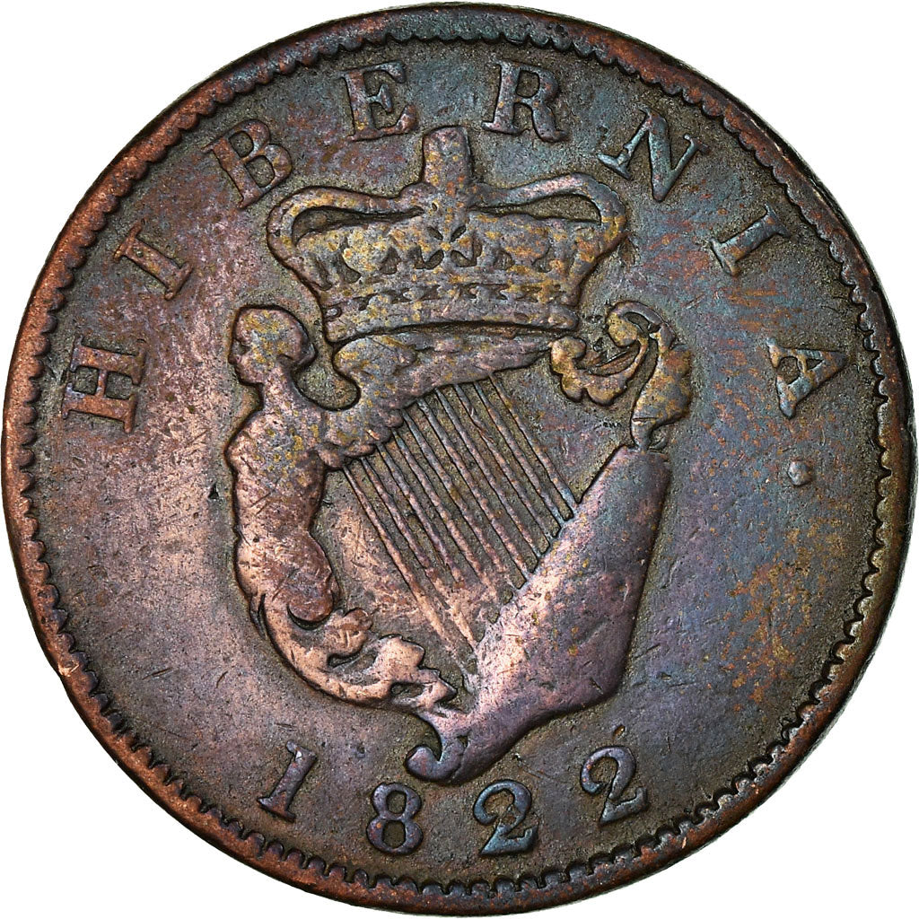 Coin, Ireland, 1/2 Penny, 1822, VF(30-35), Copper, KM:150