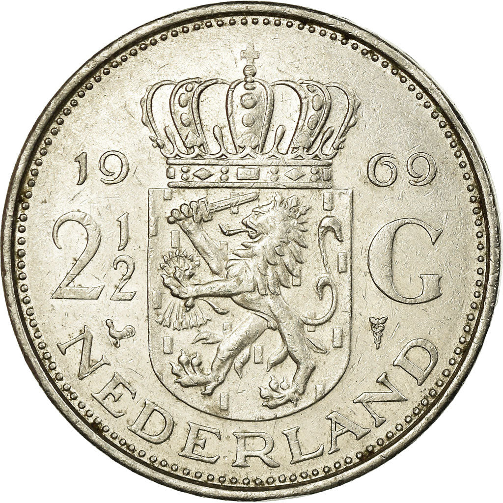 Coin, Netherlands, Juliana, 2-1/2 Gulden, 1969, VF(30-35), Nickel, KM:191