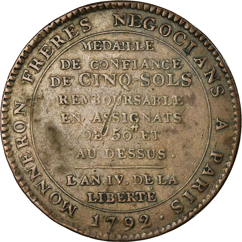 Coin, France, Monneron, 5 Sols, 1792, Paris, VF(30-35), Bronze