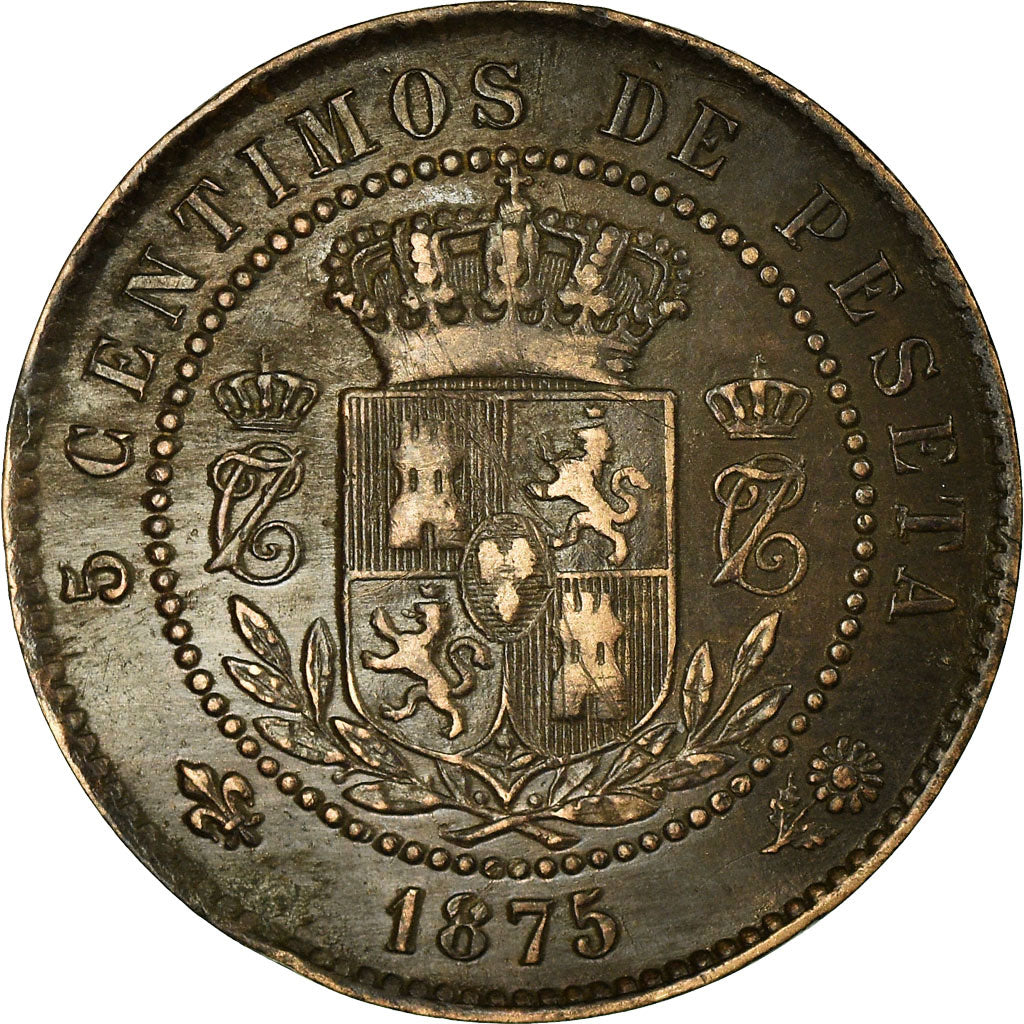 Coin, Spain, Charles VII, 5 Centimos, 1875, Madrid, EF(40-45), Copper, KM:669