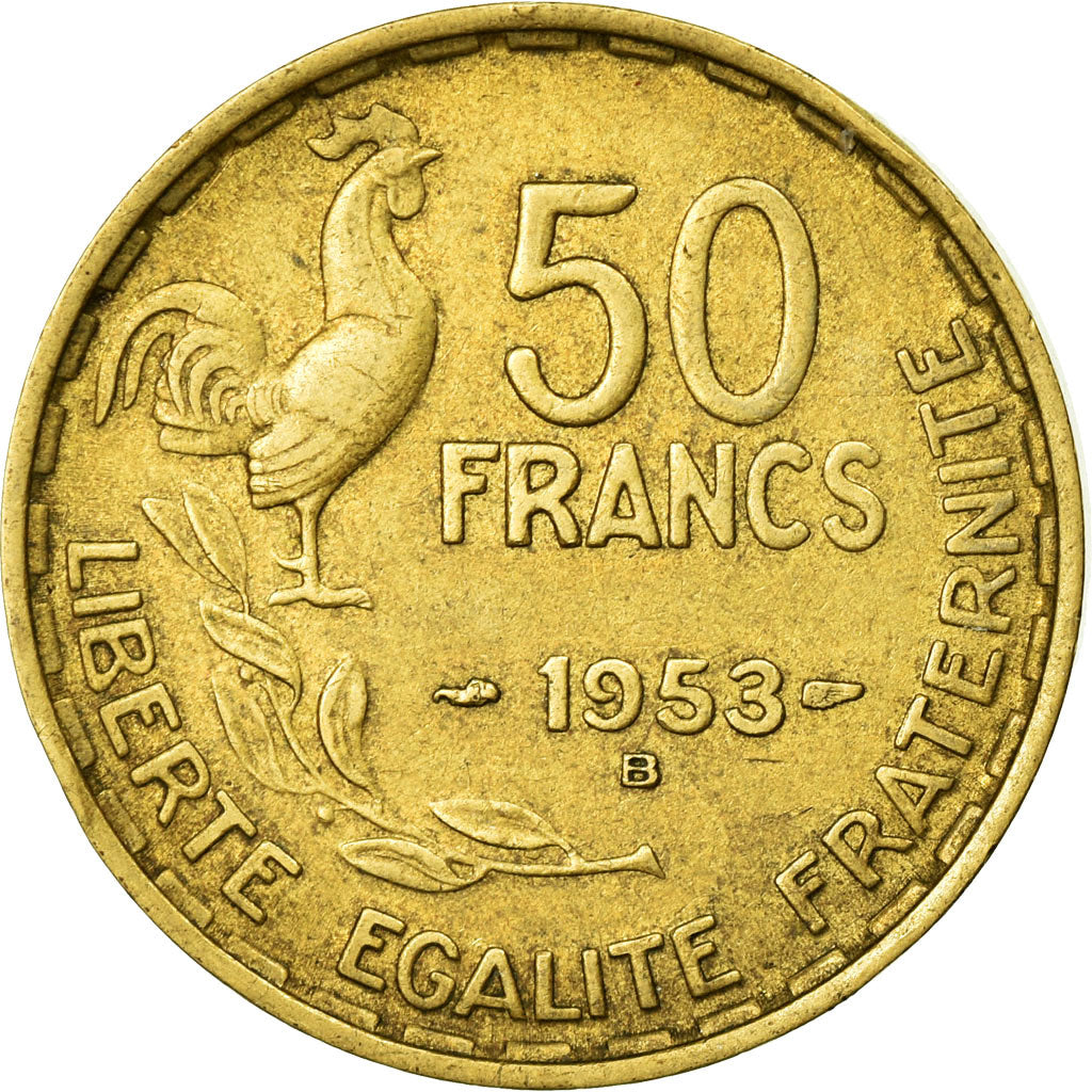Moneda, Francia, Guiraud, 50 Francs, 1953, Beaumont-le-Roger, MBC, Aluminio -