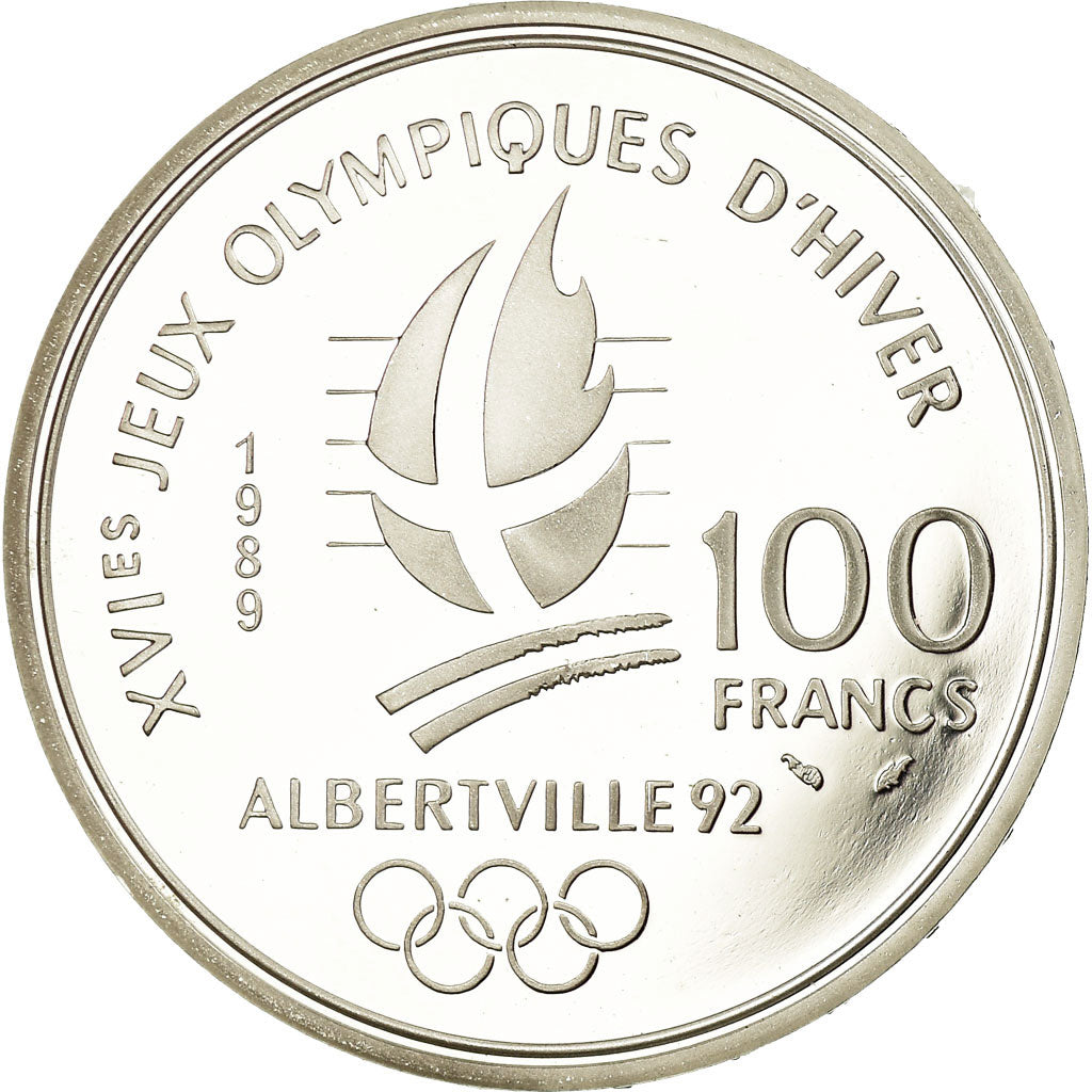Coin, France, Alpine skiing, 100 Francs, 1989, BE, MS(65-70), Silver, KM:971