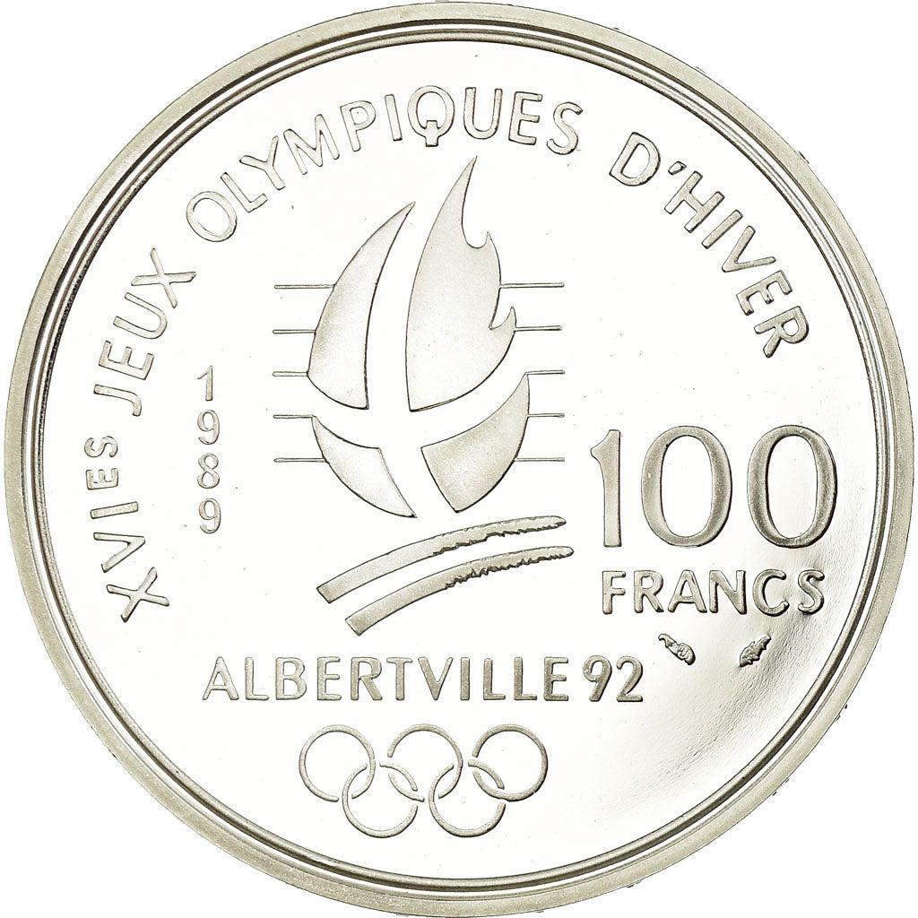 Coin, France, Alpine skiing, 100 Francs, 1989, BE, MS(65-70), Silver, KM:971