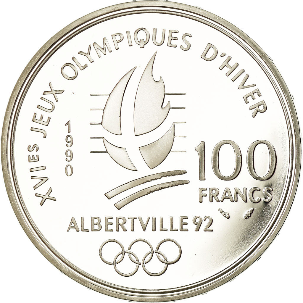 Coin, France, Bobsledding, 100 Francs, 1990, BE, MS(65-70), Silver, KM:981