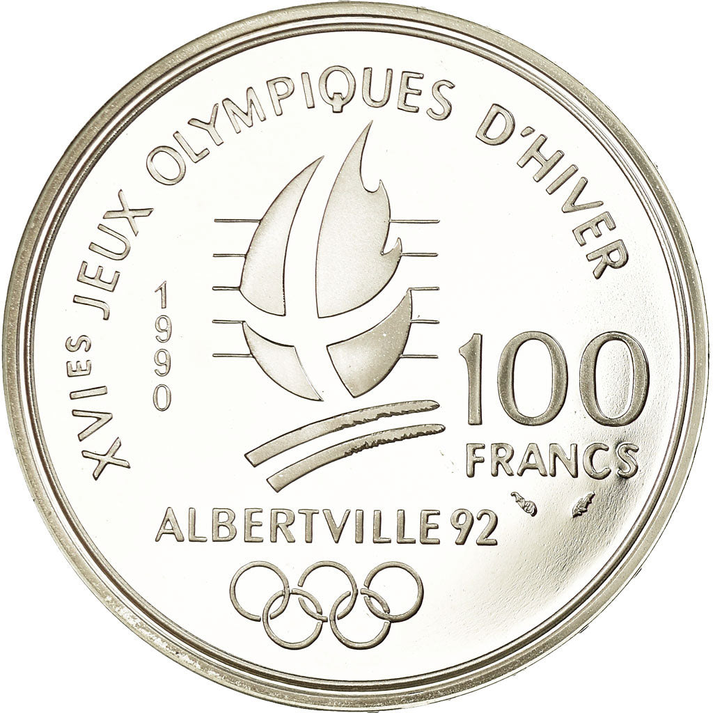 Coin, France, Free-style skier, 100 Francs, 1990, BE, MS(65-70), Silver, KM:983