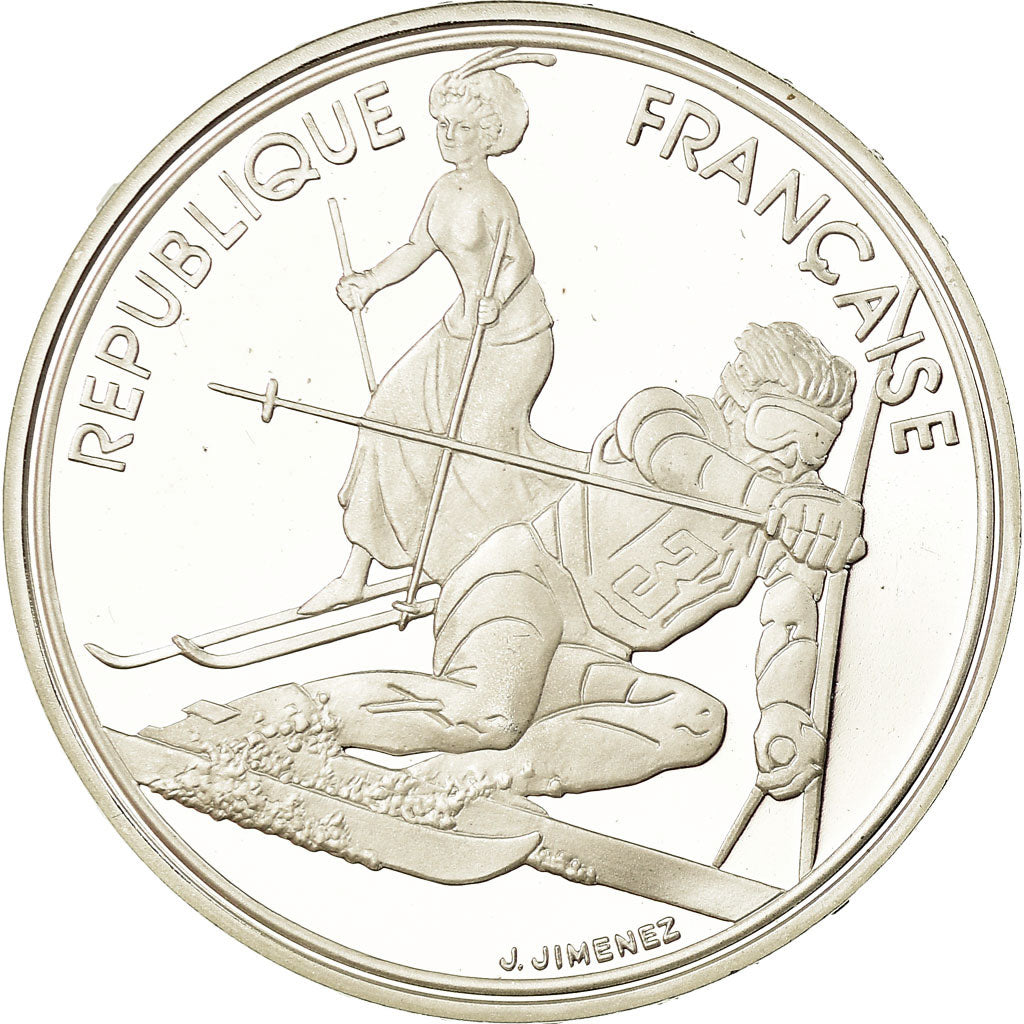 Coin, France, Slalom skiers, 100 Francs, 1990, BE, MS(65-70), Silver, KM:984
