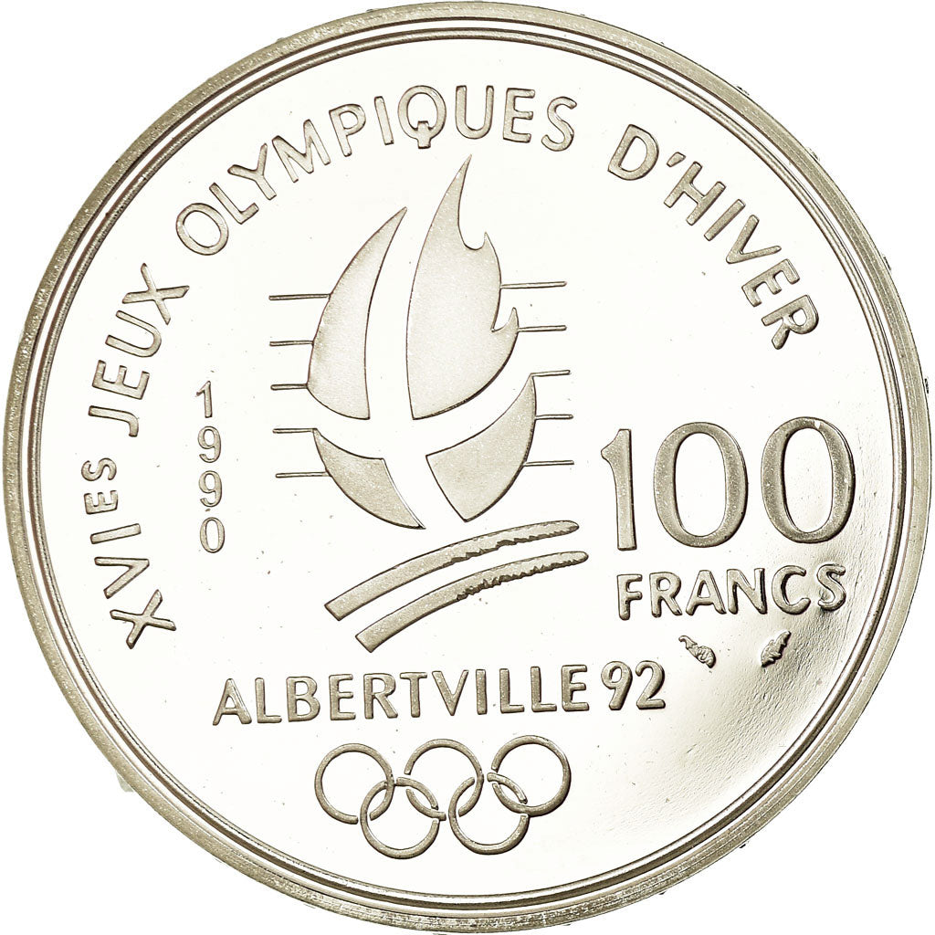 Coin, France, Slalom skiers, 100 Francs, 1990, BE, MS(65-70), Silver, KM:984