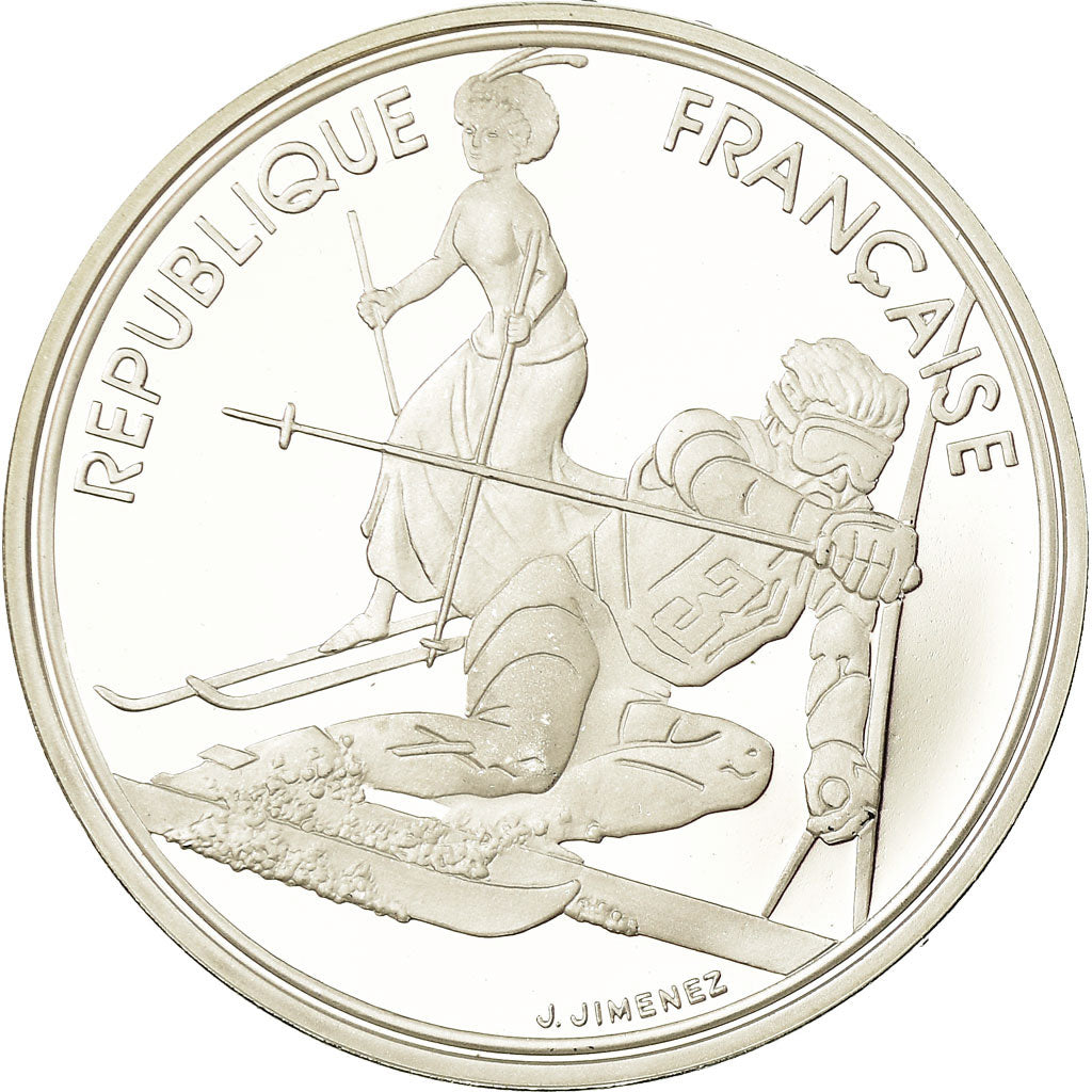 Coin, France, Slalom skiers, 100 Francs, 1990, BE, MS(65-70), Silver, KM:984