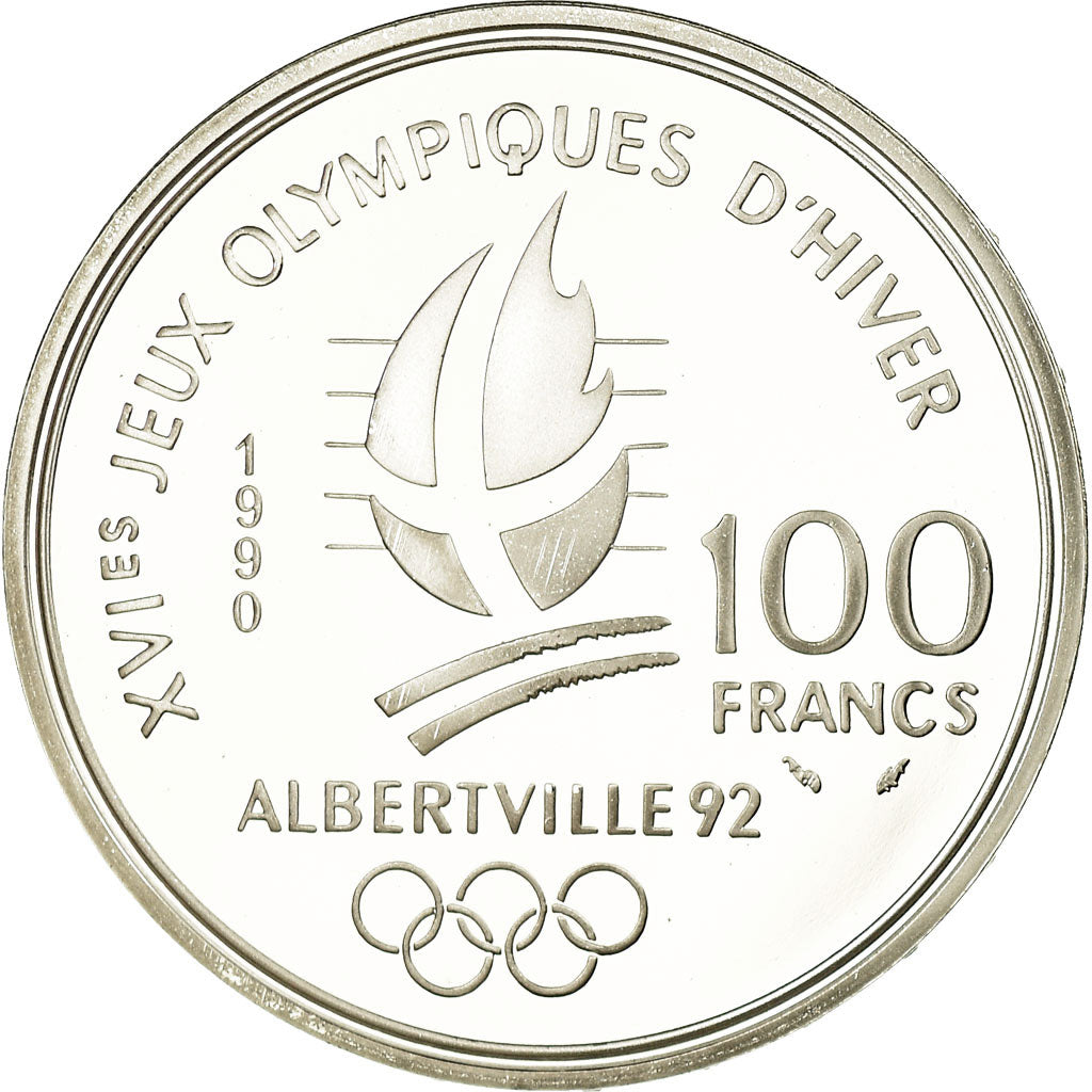 Coin, France, Slalom skiers, 100 Francs, 1990, BE, MS(65-70), Silver, KM:984