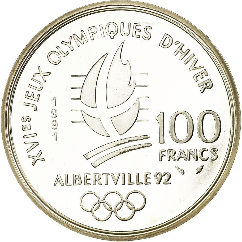 Coin, France, Cross-country skier, 100 Francs, 1991, BE, MS(65-70), Silver