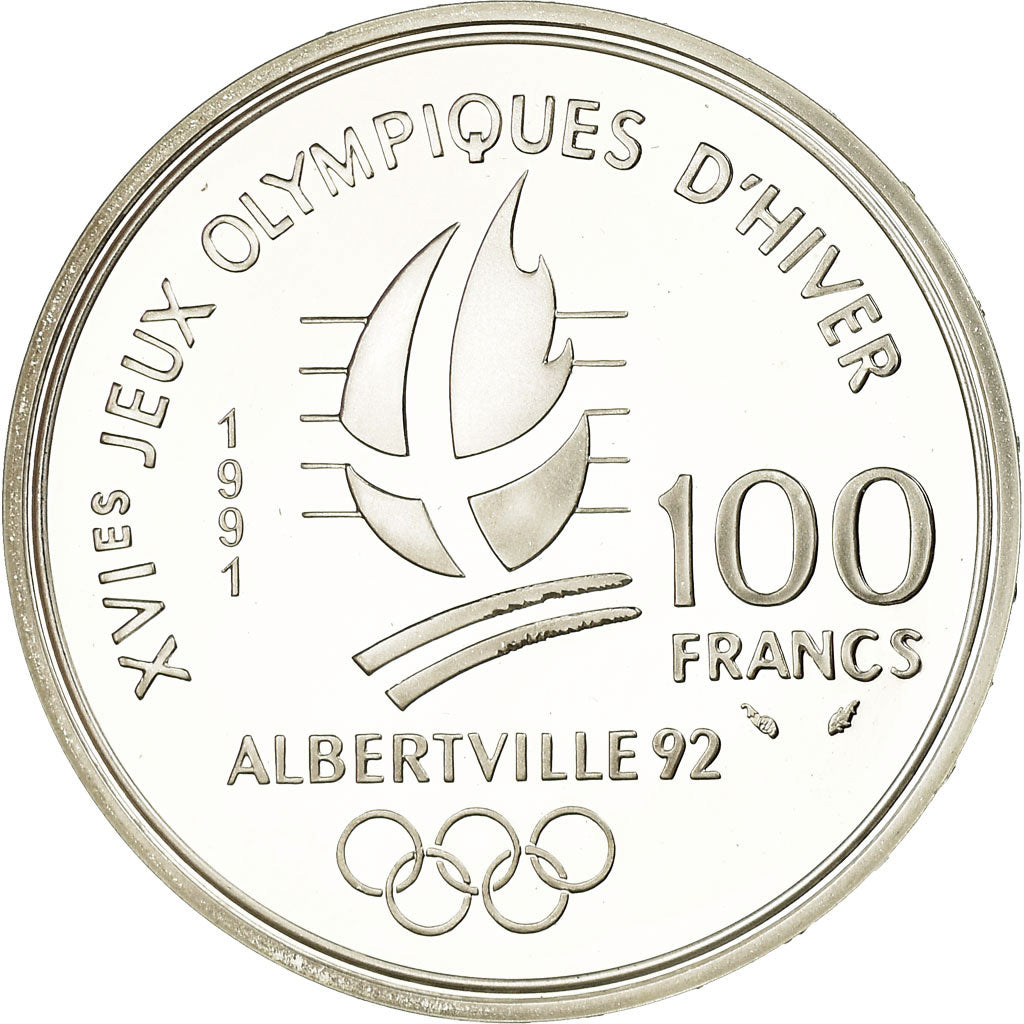 Coin, France, Ski jumpers, 100 Francs, 1991, BE, MS(65-70), Silver, KM:995