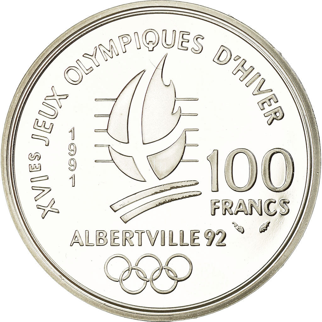 Coin, France, Cross-country skier, 100 Francs, 1991, BE, MS(65-70), Silver