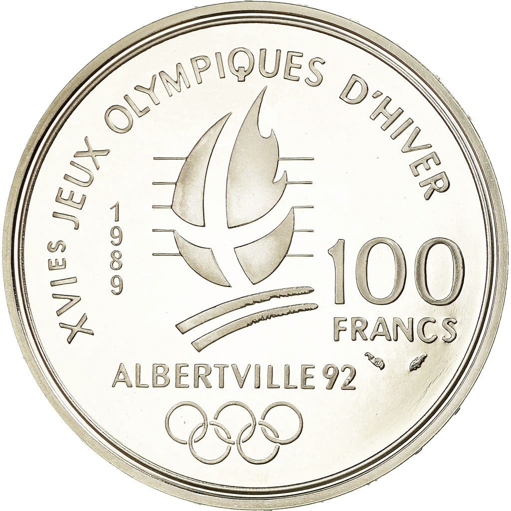 Coin, France, Alpine skiing, 100 Francs, 1989, BE, MS(65-70), Silver, KM:971