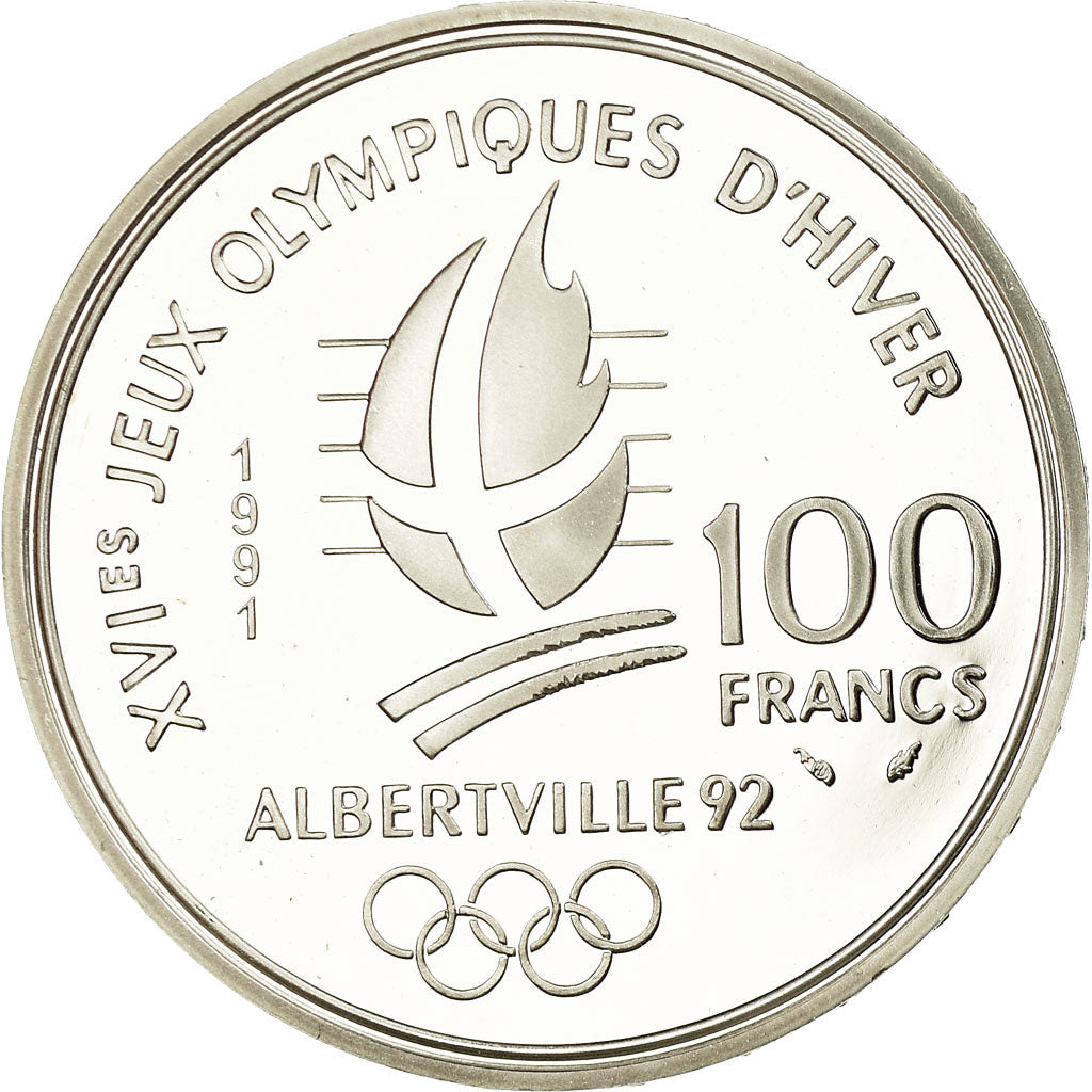 Coin, France, Ski jumpers, 100 Francs, 1991, BE, MS(65-70), Silver, KM:995
