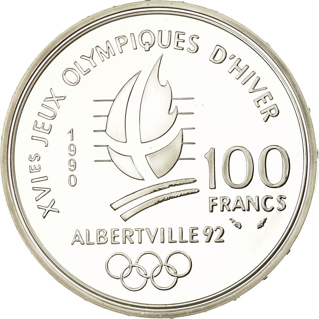 Moneta, Francia, Bobsledding, 100 Francs, 1990, BE, FDC, Argento, KM:981