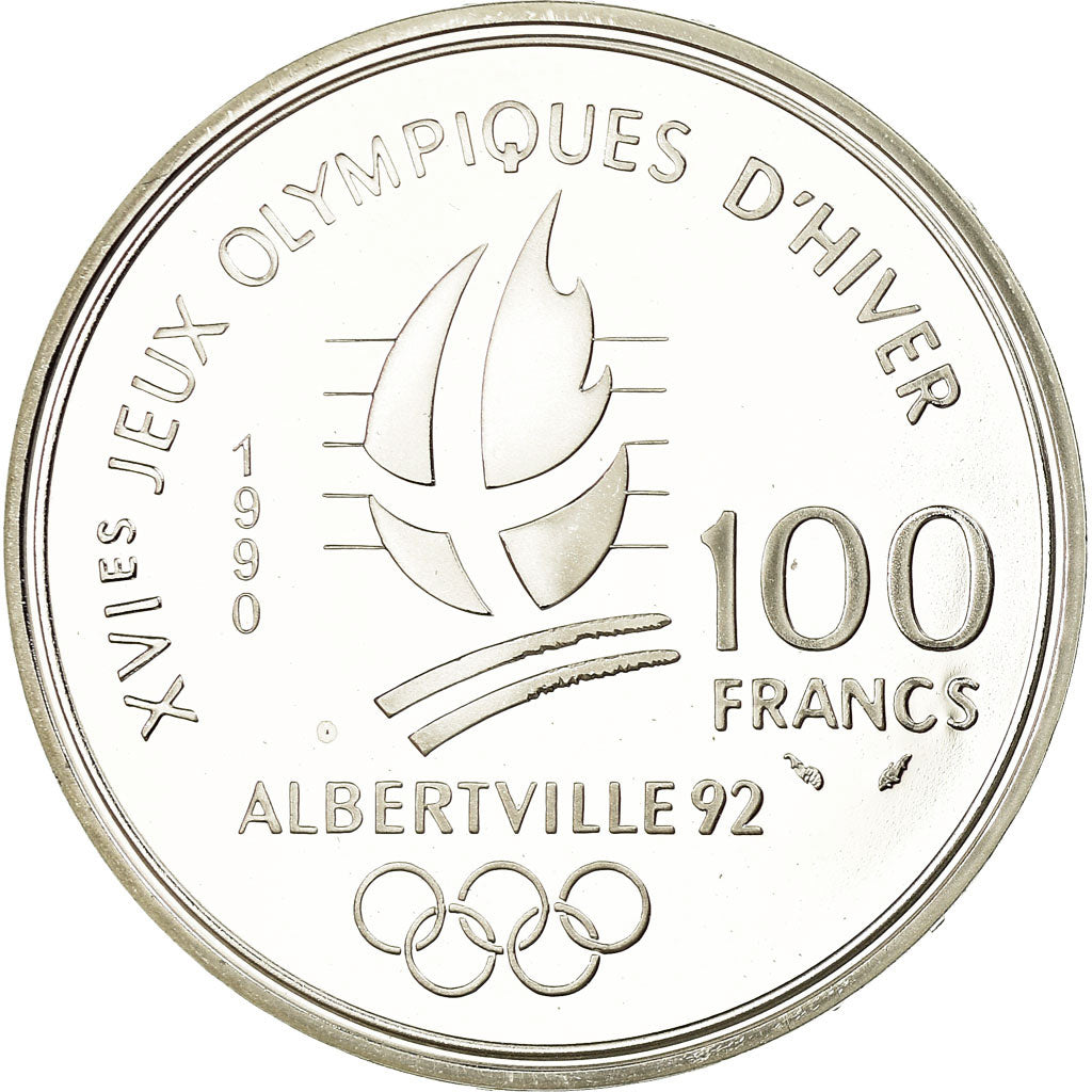 Coin, France, Free-style skier, 100 Francs, 1990, BE, MS(65-70), Silver, KM:983
