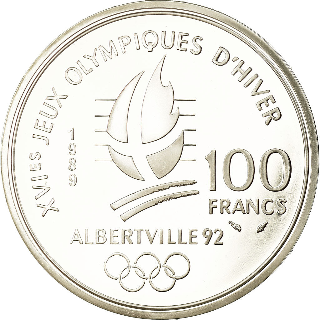 Coin, France, Slalom skiers, 100 Francs, 1990, BE, MS(65-70), Silver, KM:984