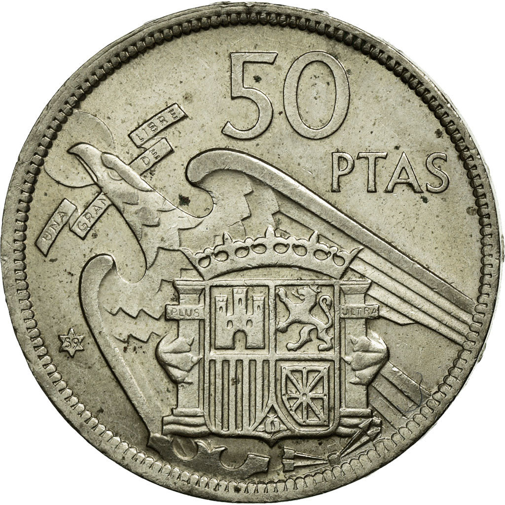 Coin, Spain, Caudillo and regent, 50 Pesetas, 1957, AU(50-53), Copper-nickel