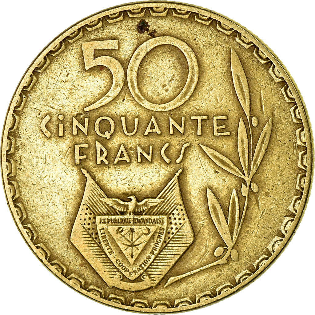 Coin, Rwanda, 50 Francs, 1977, Paris, EF(40-45), Brass, KM:16