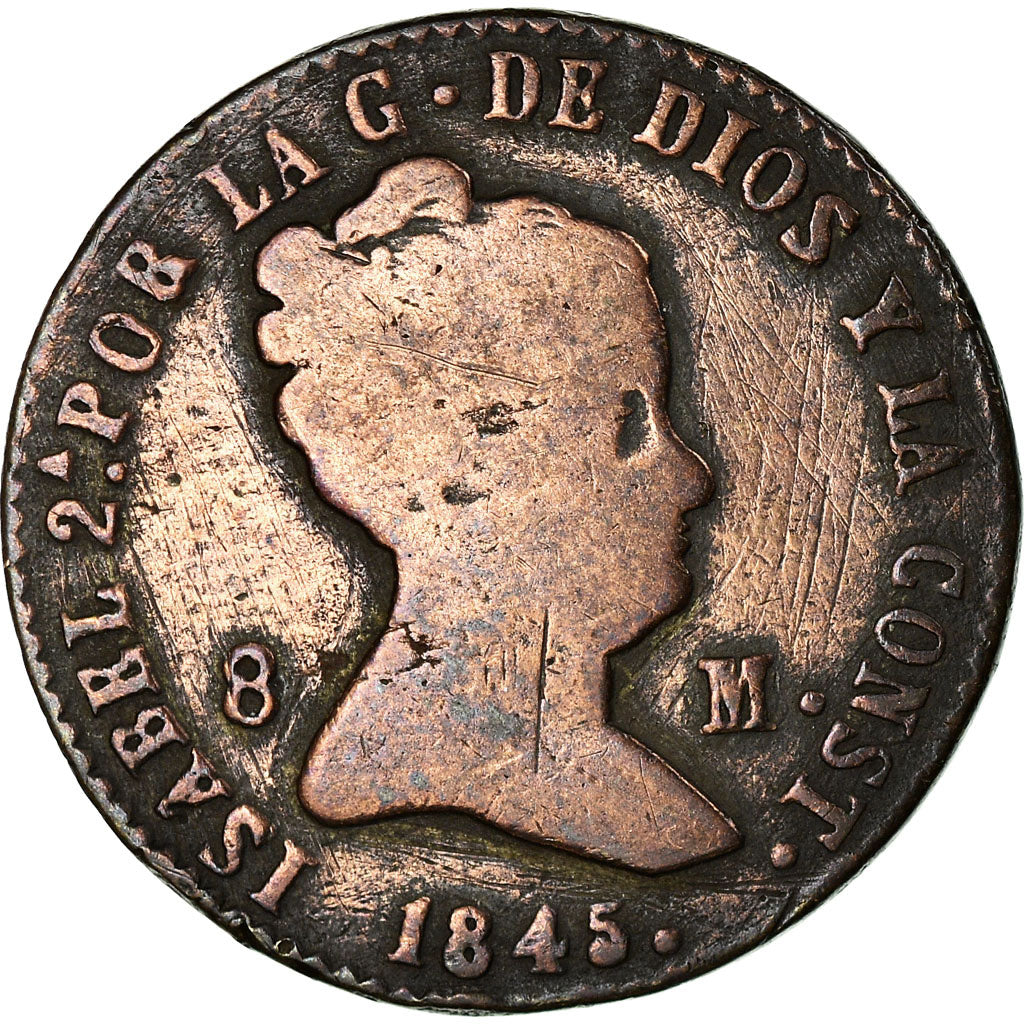 Moneda, España, Isabel II, 8 Maravedis, 1845, Segovia, BC+, Cobre, KM:531.3