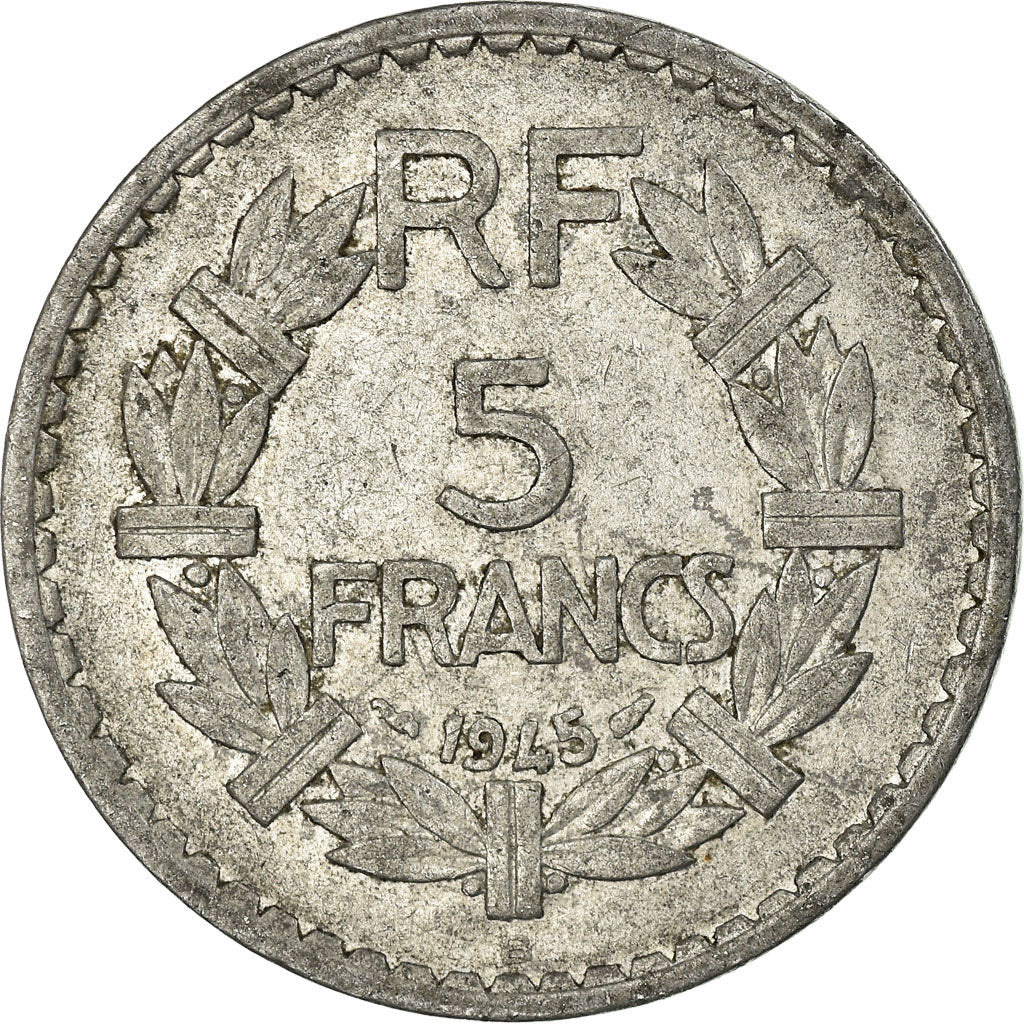 Moneda, Francia, Lavrillier, 5 Francs, 1945, Beaumont - Le Roger, MBC, Aluminio