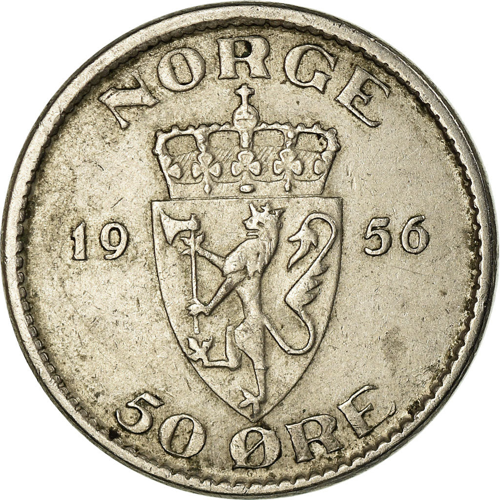 Munten, Noorwegen, Haakon VII, 50 Öre, 1956, FR+, Copper-nickel, KM:402