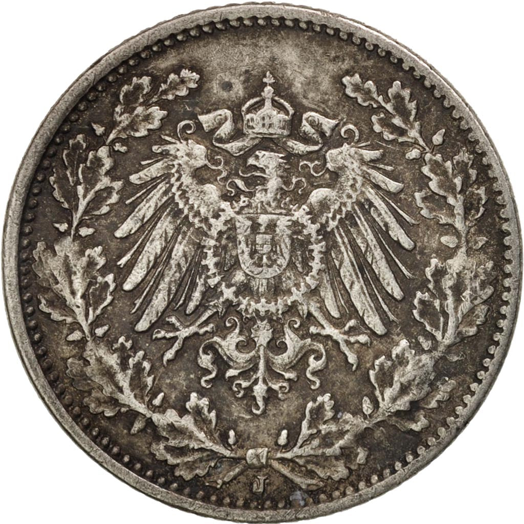 Coin, GERMANY - EMPIRE, 1/2 Mark, 1916, Hambourg, EF(40-45), Silver, KM:17