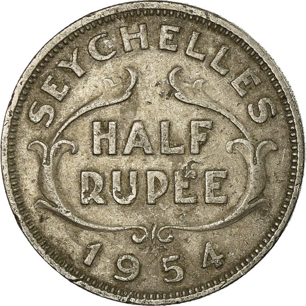 Coin, Seychelles, 1/2 Rupee, 1954, British Royal Mint, VF(30-35), Copper-nickel