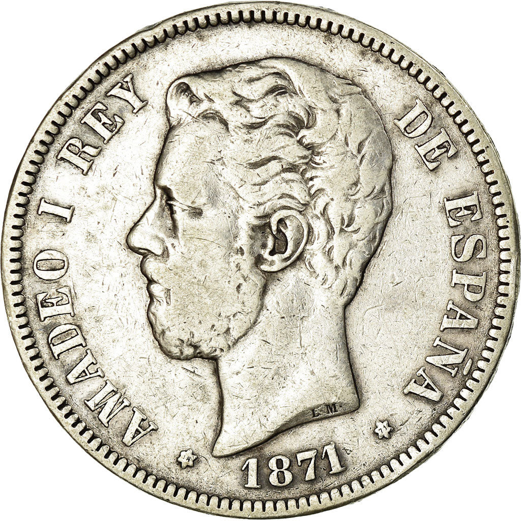 Coin, Spain, Amadeao I, 5 Pesetas, 1871, Madrid, VF(30-35), Silver, KM:666