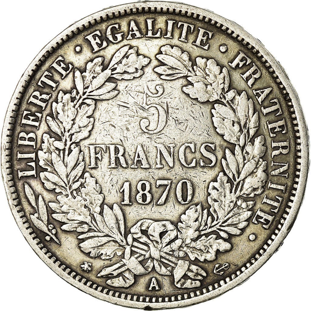 Moneta, Francia, Cérès, 5 Francs, 1870, Paris, MB+, Argento, KM:819
