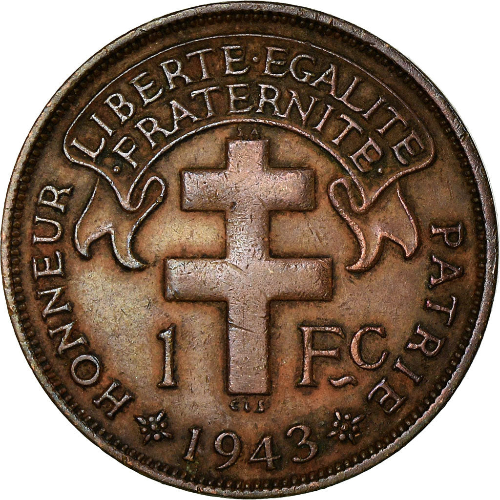 Coin, Cameroon, Franc, 1943, Pretoria, VF(30-35), Bronze, KM:5, Lecompte:16