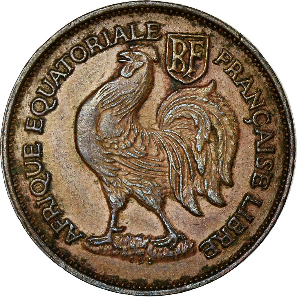 Moneda, África ecuatorial francesa, Franc, 1943, Pretoria, MBC, Bronce, KM:2a