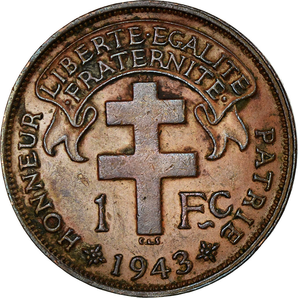 Moneda, África ecuatorial francesa, Franc, 1943, Pretoria, MBC, Bronce, KM:2a