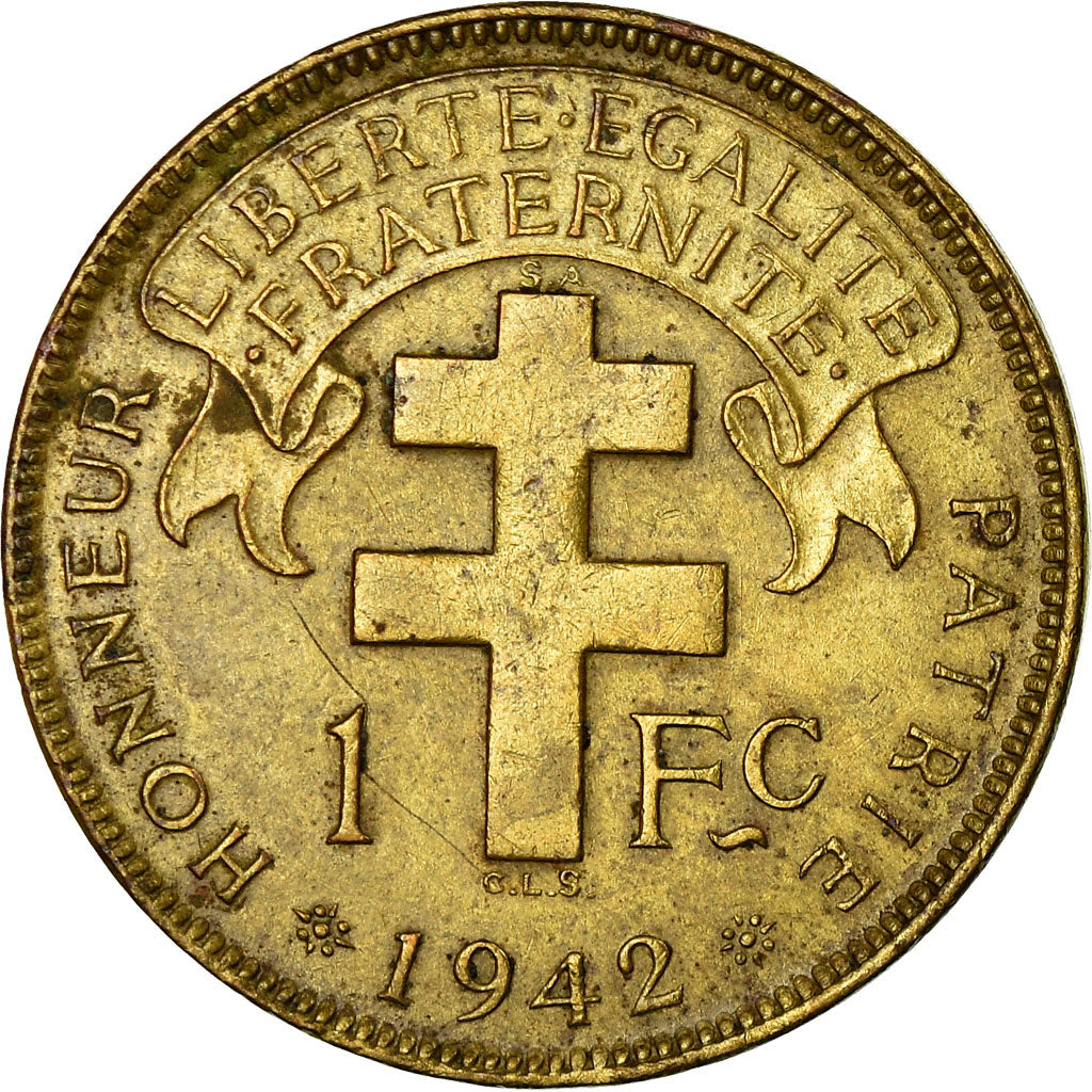 Coin, French Equatorial Africa, Franc, 1942, Pretoria, EF(40-45), Brass, KM:2