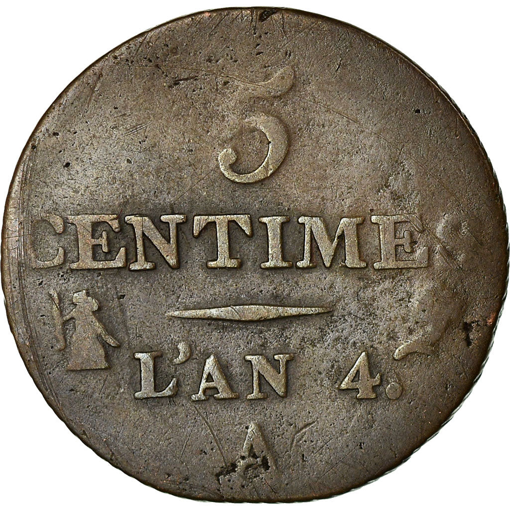 Moneta, Francia, Dupré, 5 Centimes, AN 4, Paris, MB, Bronzo, KM:635.1