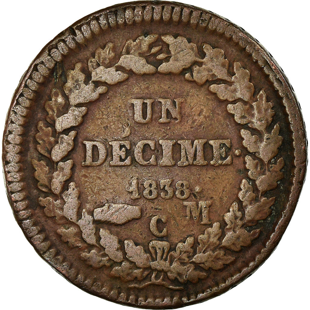 Coin, Monaco, Honore V, Decime, 1838, Monaco, VF(30-35), Copper, KM:97.1