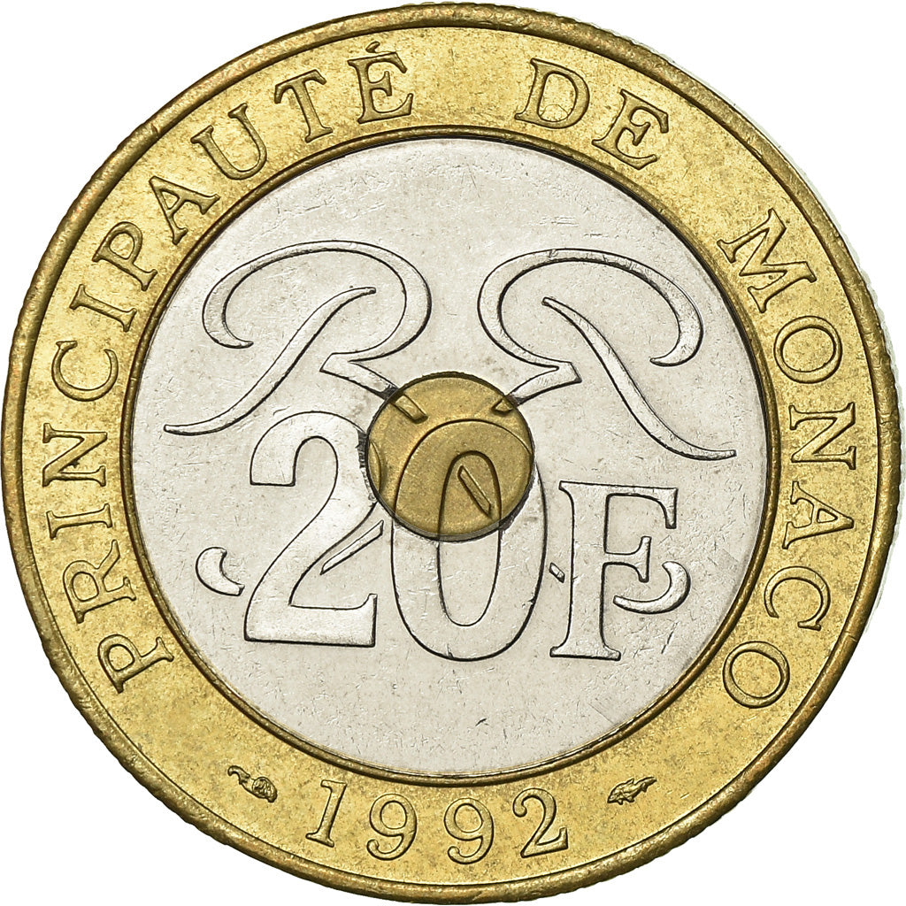 Coin, Monaco, Rainier III, 20 Francs, 1992, EF(40-45), Tri-Metallic, KM:165