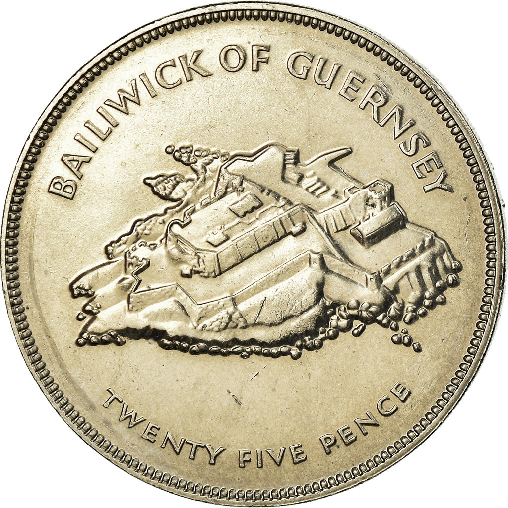 Coin, Guernsey, Elizabeth II, 25 Pence, 1977, Heaton, AU(55-58), Copper-nickel