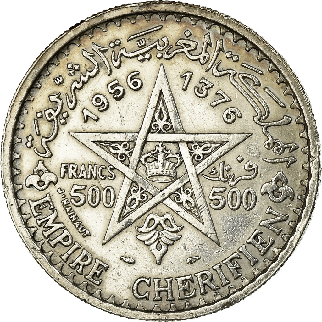 Coin, Morocco, Mohammed V, 500 Francs, 1956/AH1376, Paris, EF(40-45), Silver