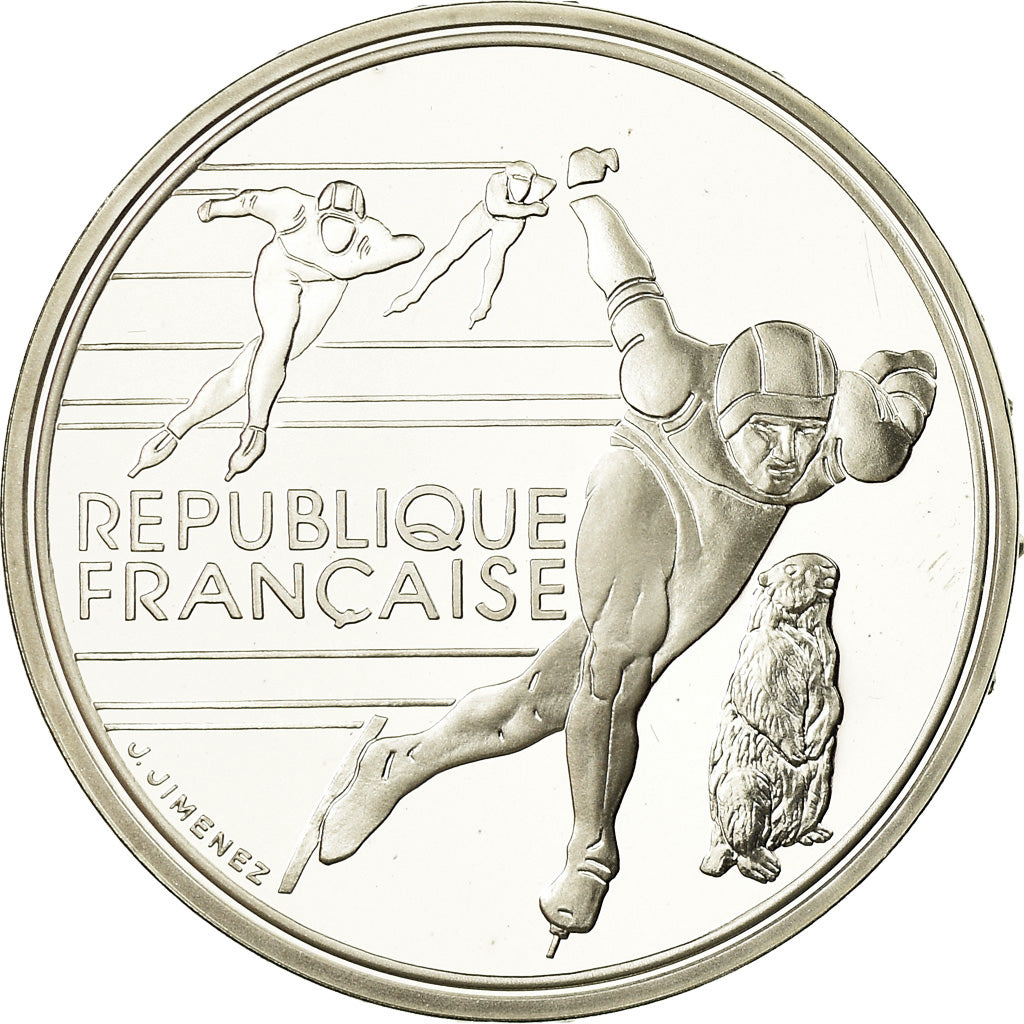 Moeda, França, Patinage de vitesse, 100 Francs, 1990, BE, MS(65-70), Prata