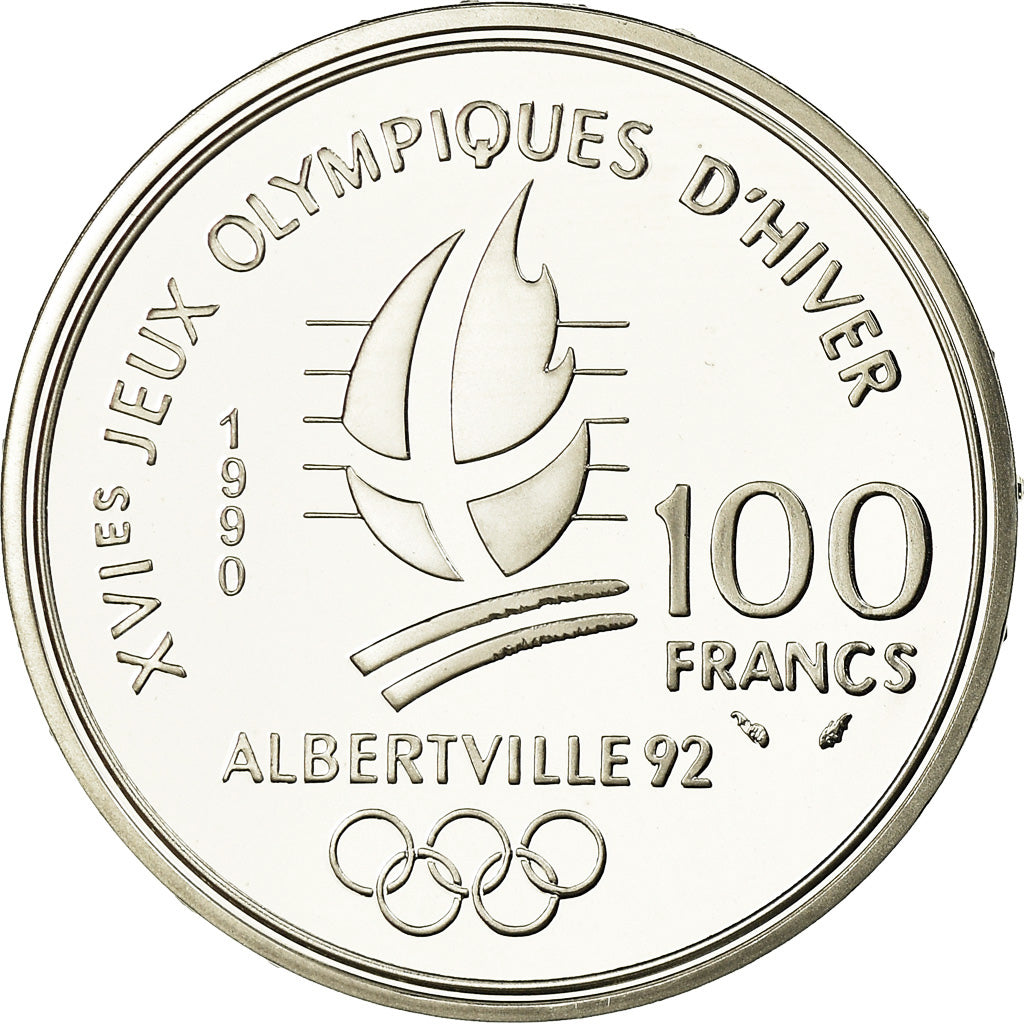 Moeda, França, Patinage de vitesse, 100 Francs, 1990, BE, MS(65-70), Prata