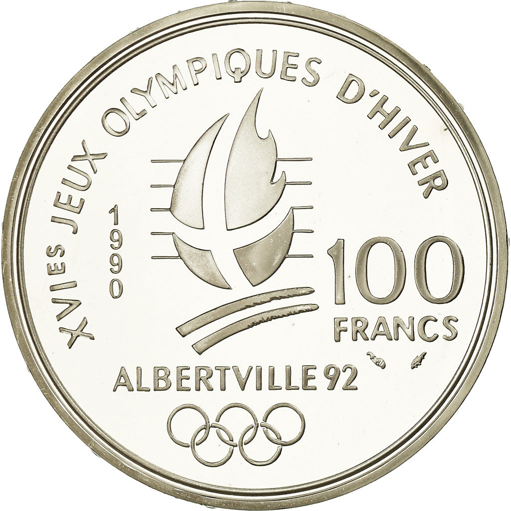 Coin, France, Bobsledding, 100 Francs, 1990, BE, MS(65-70), Silver, KM:981