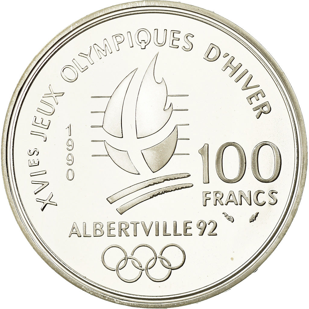 Coin, France, Free-style skier, 100 Francs, 1990, BE, MS(65-70), Silver, KM:983