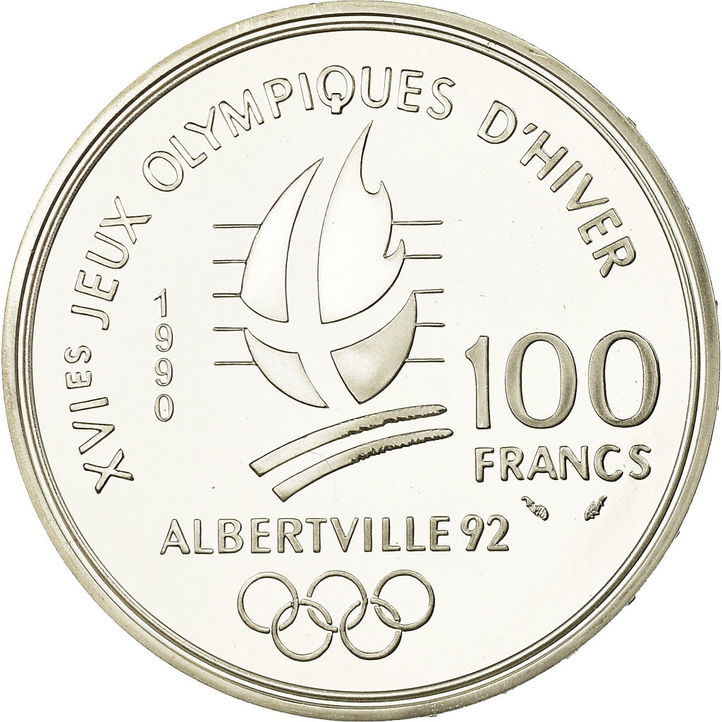 Coin, France, Slalom skiers, 100 Francs, 1990, BE, MS(65-70), Silver, KM:984