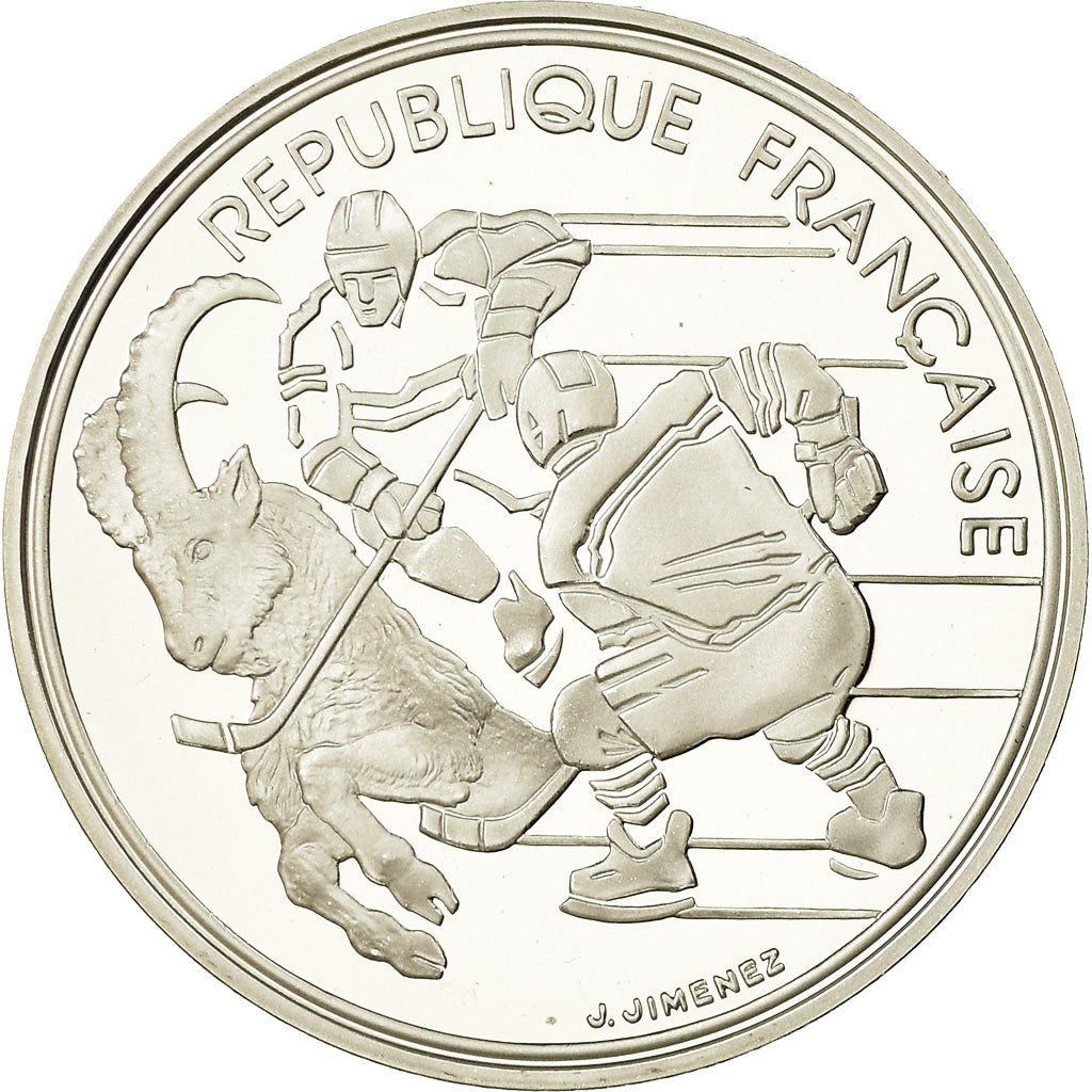 Moneta, Francja, Hockey players, 100 Francs, 1991, BE, MS(65-70), Srebro