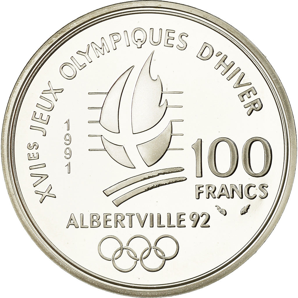 Moneta, Francja, Hockey players, 100 Francs, 1991, BE, MS(65-70), Srebro