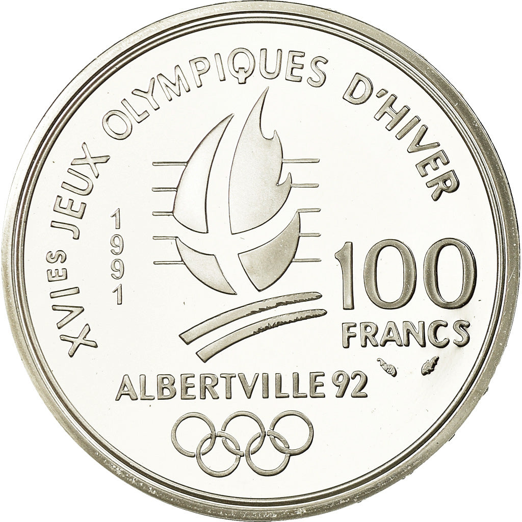 Coin, France, Ski jumpers, 100 Francs, 1991, BE, MS(65-70), Silver, KM:995