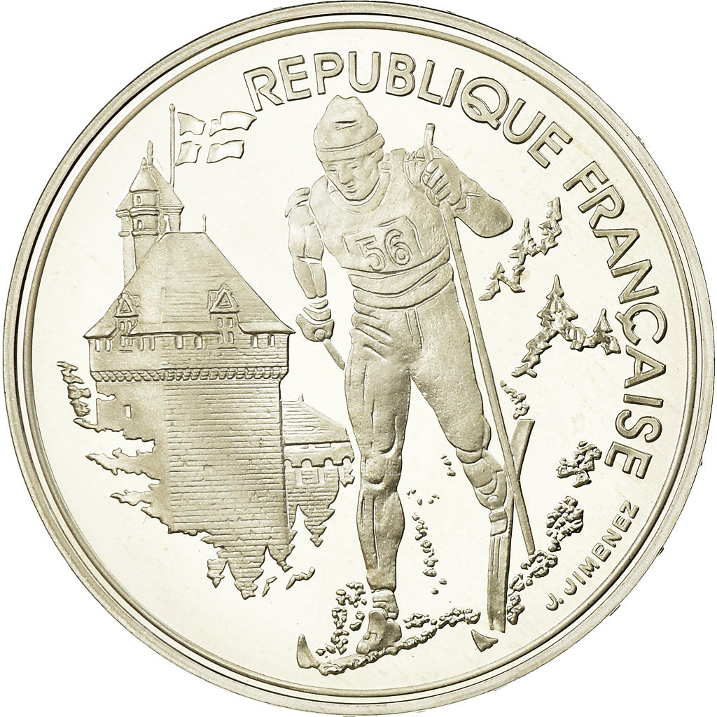 Coin, France, Cross-country skier, 100 Francs, 1991, BE, MS(65-70), Silver